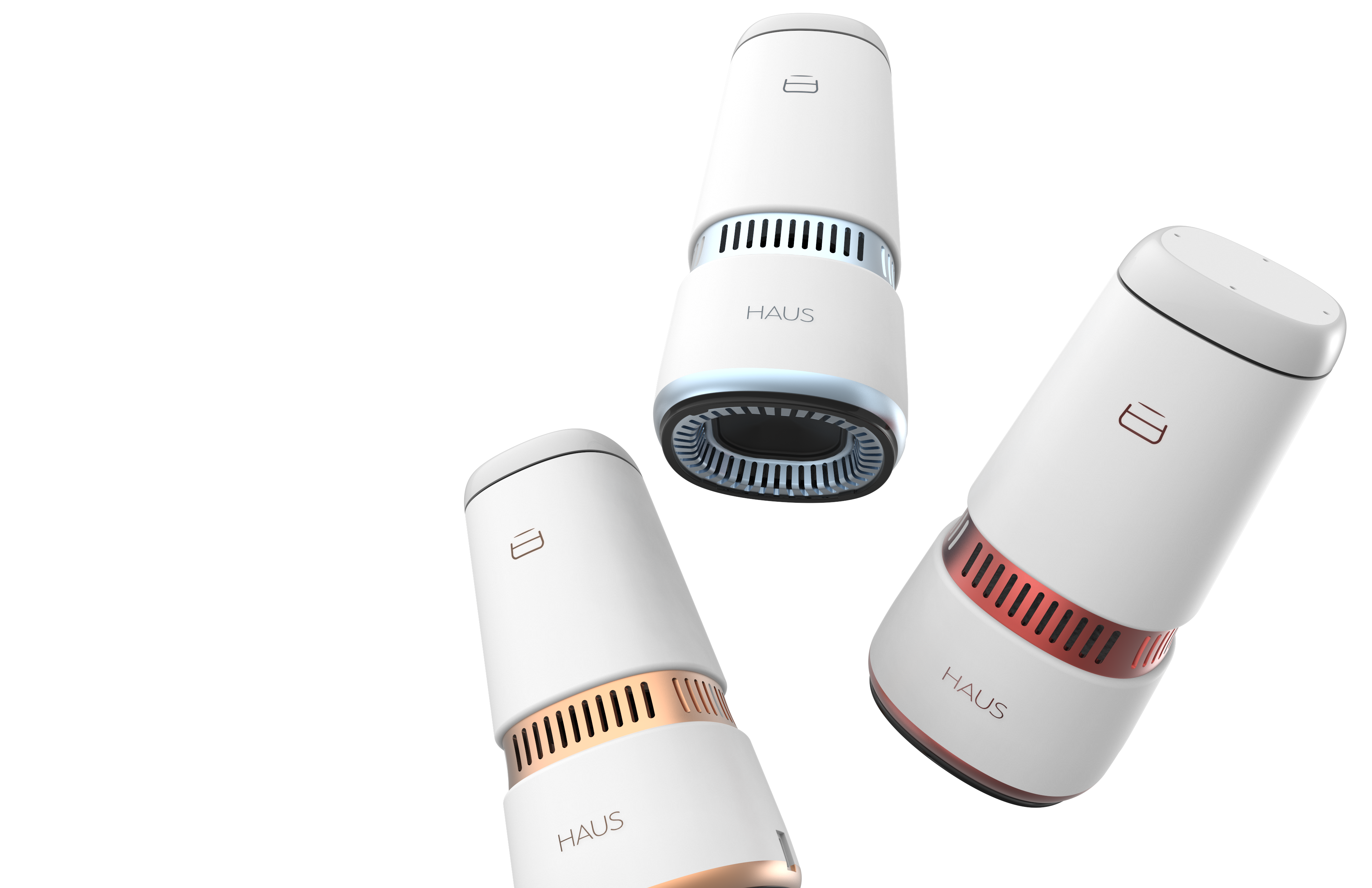 A collection of Haus Smart Speakers showing off a bunch of color varieties